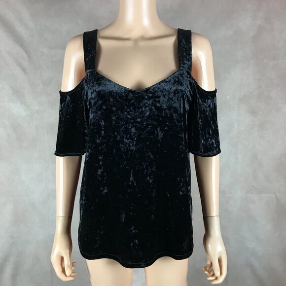 SANCTUARY Black Velvet Cold-Shoulder Top MEDIUM - Picture 1 of 8